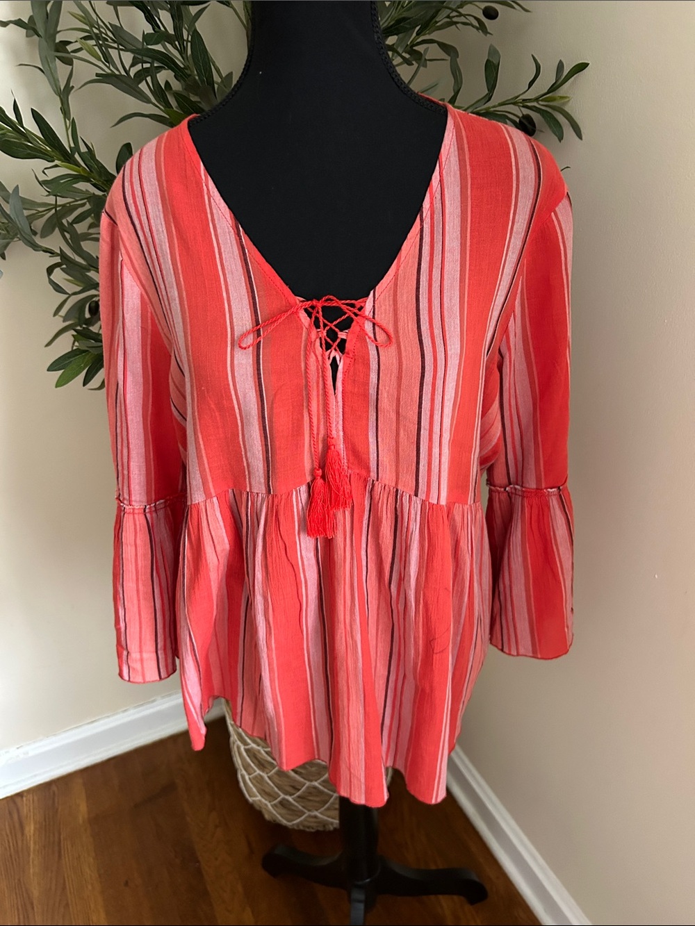 Sanctuary Coral Pink Striped Lace-Up Peasant Tunic
